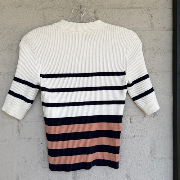 Frame Ribbed Short Sleeve Striped Pullover Sweater in Pink Clay Multi Size XS - Picture 9 of 12
